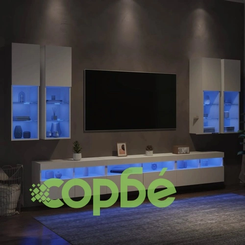 Комплект ТВ стенни шкафове, 7 части, с LED светлини, бели на топ цена от sorbe.bg Комплект ТВ стенни шкафове, 7 части, с LED светлини, бели ➤ топ цена ➤ sorbe.bg