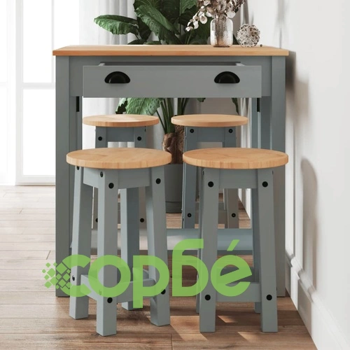 Бар комплект от 5 части, сив, масивна борова дървесина ➤ топ цена ➤ sorbe.bg