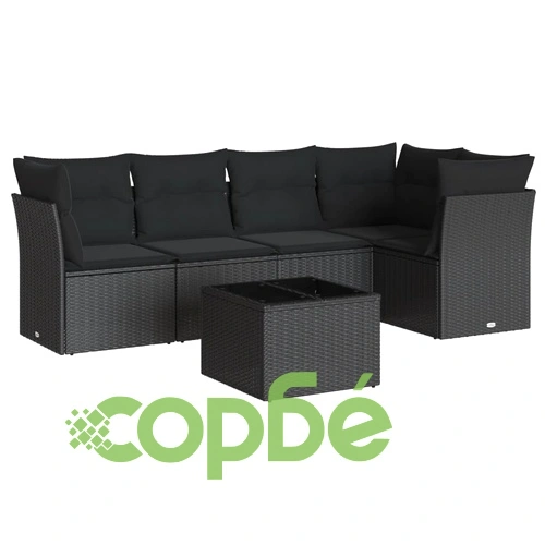 Градински диван с възглавници, 6 части, черен, полиратан ➤ топ цена ➤ sorbe.bg