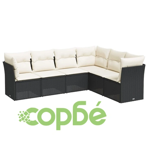 Градински диван с възглавници, 6 части, черен, полиратан ➤ топ цена ➤ sorbe.bg