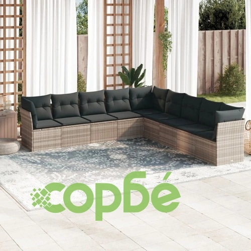Градински комплект с възглавници, 9 части, светлосив полиратан ➤ топ цена ➤ sorbe.bg