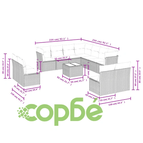 Градински комплект диван с възглавници 12 части сив полиратан ➤ топ цена ➤ sorbe.bg