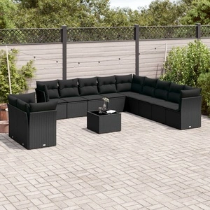 Градински диван с възглавници, 12 части, черен, полиратан