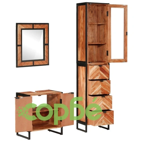 Комплект мебели за баня, 3 части, желязо и масивна акация ➤ топ цена ➤ sorbe.bg