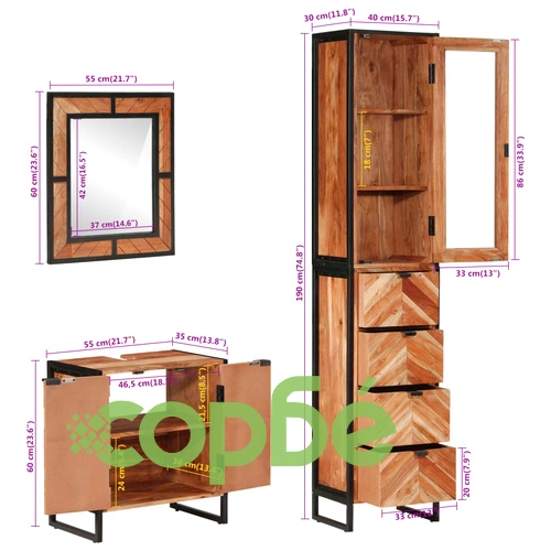 Комплект мебели за баня, 3 части, желязо и масивна акация ➤ топ цена ➤ sorbe.bg