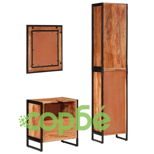 Комплект мебели за баня, 3 части, желязо и масивна акация ➤ топ цена ➤ sorbe.bg