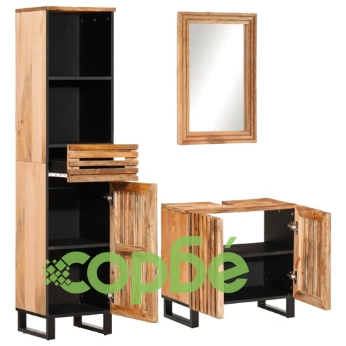 Комплект мебели за баня, 3 части, грубо мангово дърво масив ➤ топ цена ➤ sorbe.bg