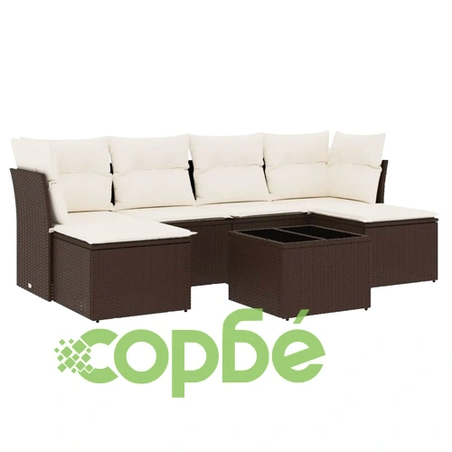 Градински комплект с възглавници, 7 части, кафяв, полиратан ➤ топ цена ➤ sorbe.bg