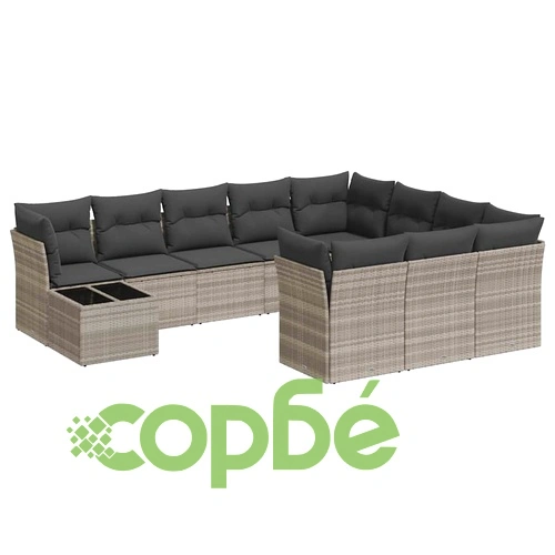 Градински комплект с възглавници, 11 части, светлосив полиратан ➤ топ цена ➤ sorbe.bg