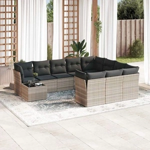 Градински комплект с възглавници, 11 части, светлосив полиратан