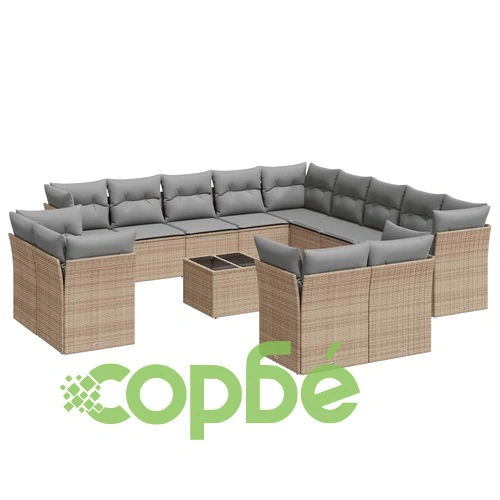 Градински диван с възглавници, 14 части, бежов, полиратан ➤ топ цена ➤ sorbe.bg