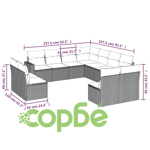 Градински комплект диван с възглавници 11 части черен полиратан ➤ топ цена ➤ sorbe.bg