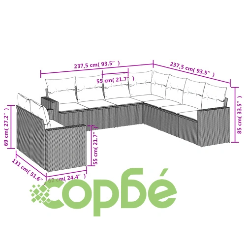 Градински комплект диван с възглавници 9 части черен полиратан ➤ топ цена ➤ sorbe.bg