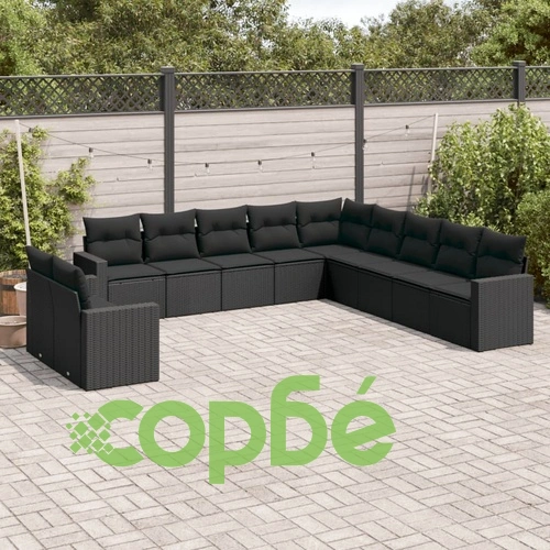 Градински комплект диван с възглавници 11 части черен полиратан ➤ топ цена ➤ sorbe.bg