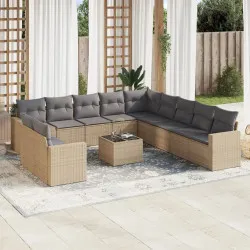 Градински диван с възглавници, 12 части, бежов полиратан