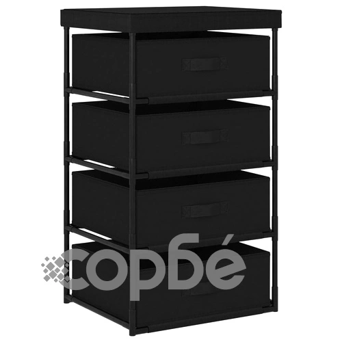 Етажерка за съхранение с 4 текстилни кошове, стомана, черна ➤ топ цена ➤ sorbe.bg