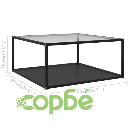 Кафе маса, прозрачно и черно, 80x80x35 cм, закалено стъкло ➤ топ цена ➤ sorbe.bg