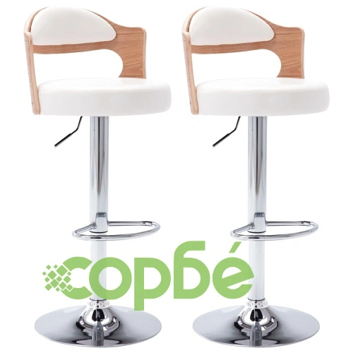 Бар табуретки, 2 бр, бели, извито дърво и изкуствена кожа ➤ топ цена ➤ sorbe.bg