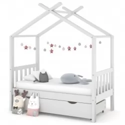 Рамка за детско легло с чекмедже, бяла, бор масив, 70x140 см
