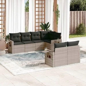 Градински комплект с възглавници, 7 части, светлосив полиратан