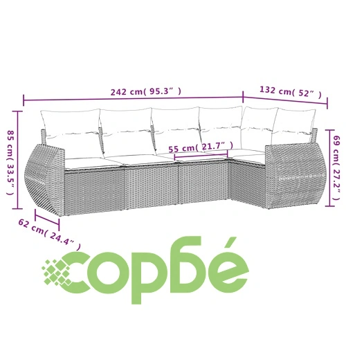 Градински комплект с възглавници, 5 части, черен полиратан ➤ топ цена ➤ sorbe.bg