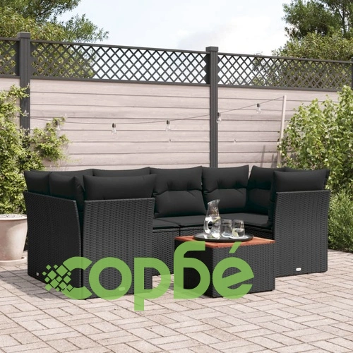 Градински комплект диван с възглавници 7 части черен полиратан ➤ топ цена ➤ sorbe.bg