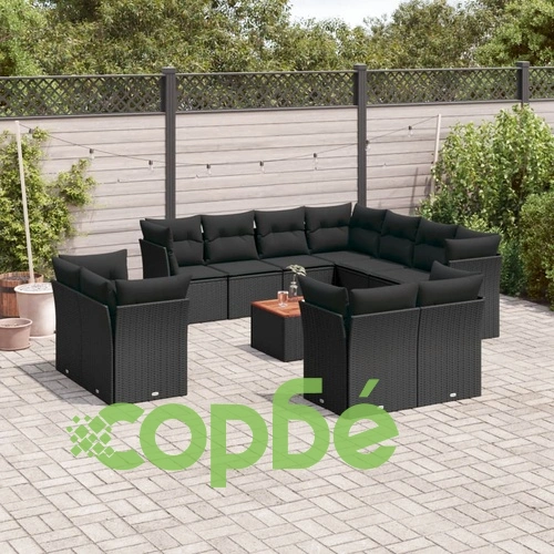 Градински диван с възглавници, 12 части, черен, полиратан ➤ топ цена ➤ sorbe.bg