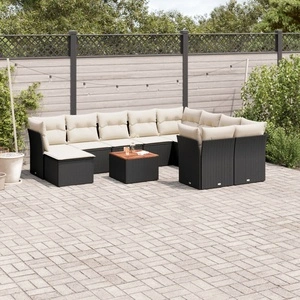 Градински комплект диван с възглавници 11 части черен полиратан