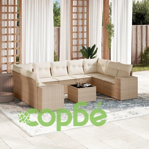 Градински диван с възглавници, 10 части, бежов полиратан ➤ топ цена ➤ sorbe.bg