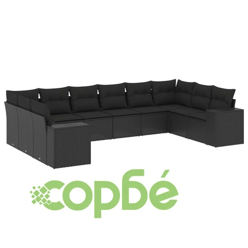 Градински комплект диван с възглавници 10 части черен полиратан ➤ топ цена ➤ sorbe.bg