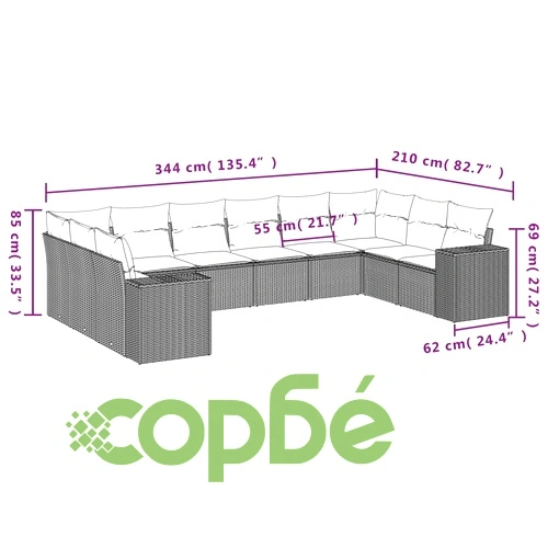 Градински комплект диван с възглавници 10 части черен полиратан ➤ топ цена ➤ sorbe.bg