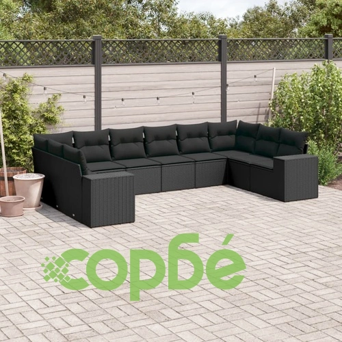 Градински комплект диван с възглавници 10 части черен полиратан ➤ топ цена ➤ sorbe.bg