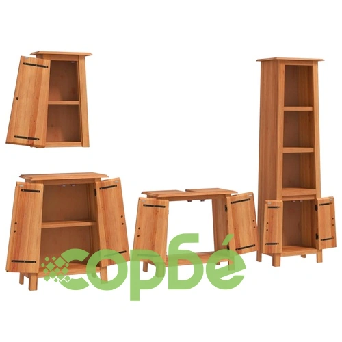 Комплект мебели за баня, 4 части, масивна борова дървесина ➤ топ цена ➤ sorbe.bg