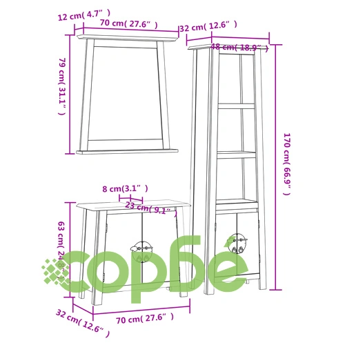 Комплект мебели за баня, 3 части, масивна борова дървесина ➤ топ цена ➤ sorbe.bg