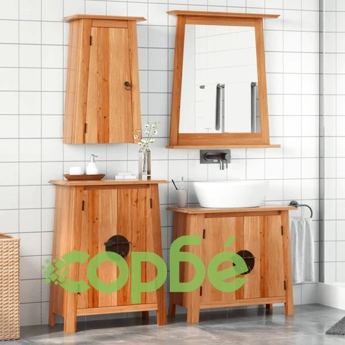 Комплект мебели за баня, 4 части, масивна борова дървесина ➤ топ цена ➤ sorbe.bg