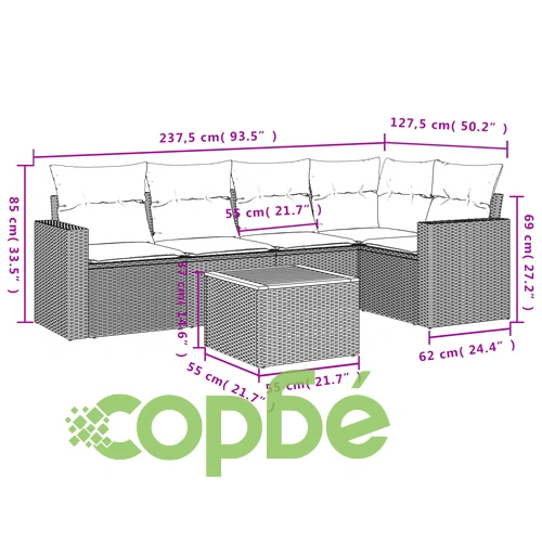 Градински диван с възглавници, 6 части, полиратан, сив ➤ топ цена ➤ sorbe.bg