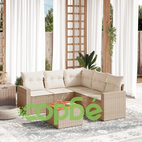 Градински диван с възглавници, 6 части, бежов полиратан ➤ топ цена ➤ sorbe.bg