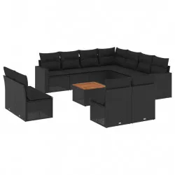 Градински диван с възглавници, 12 части, черен, полиратан