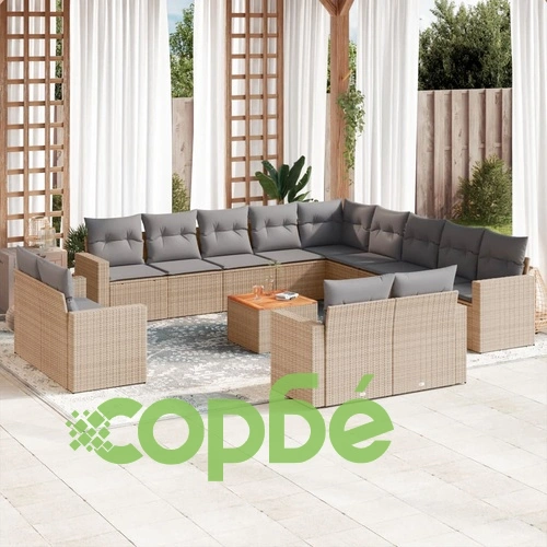 Градински диван с възглавници, 14 части, бежов, полиратан ➤ топ цена ➤ sorbe.bg