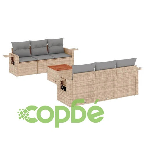 Градински диван с възглавници, 7 части, бежов полиратан ➤ топ цена ➤ sorbe.bg