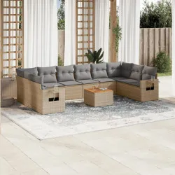 Градински диван с възглавници, 11 части, бежов полиратан