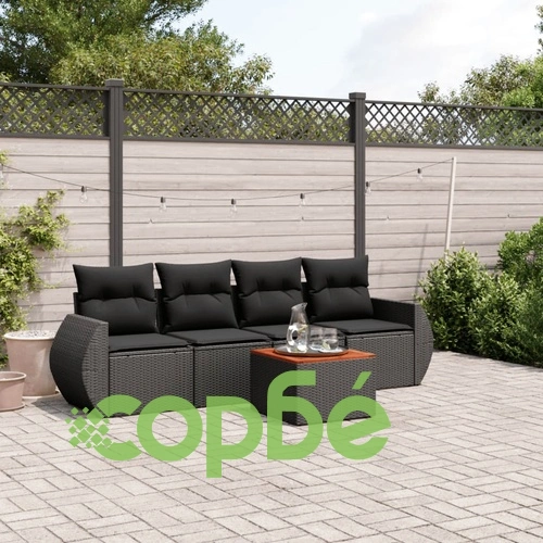 Градински комплект с възглавници, 5 части, черен полиратан ➤ топ цена ➤ sorbe.bg