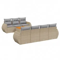 Градински диван с възглавници, 8 части, бежов полиратан