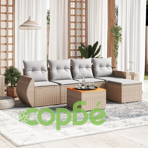 Градински диван с възглавници, 6 части, бежов полиратан ➤ топ цена ➤ sorbe.bg