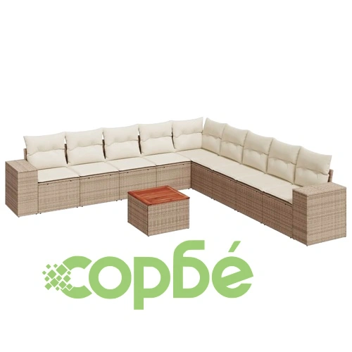 Градински диван с възглавници, 10 части, бежов полиратан ➤ топ цена ➤ sorbe.bg