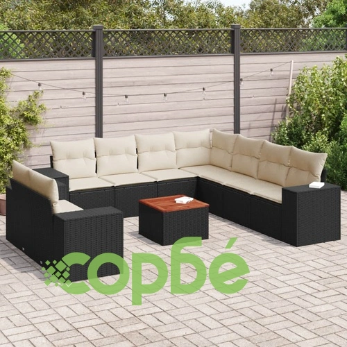 Градински комплект диван с възглавници 10 части черен полиратан ➤ топ цена ➤ sorbe.bg