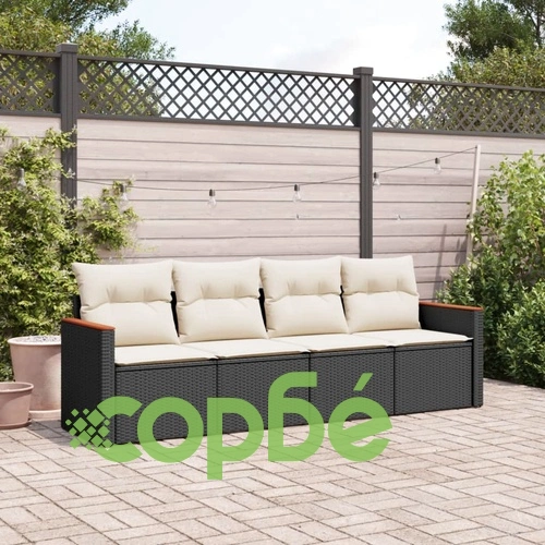 Градински диван от 4 части с възглавници, черен, полиратан ➤ топ цена ➤ sorbe.bg