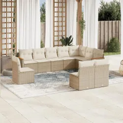 Градински диван с възглавници, 10 части, бежов полиратан