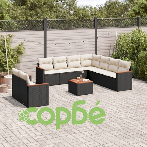 Градински комплект диван с възглавници 10 части черен полиратан ➤ топ цена ➤ sorbe.bg