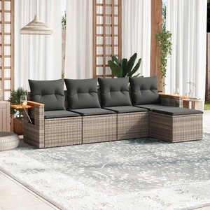 Градински комплект с възглавници, 5 части, сив полиратан